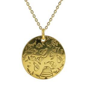 Handmade stamped gold tone floral Bee 18 in stainless settlers Pendant Necklace‎
